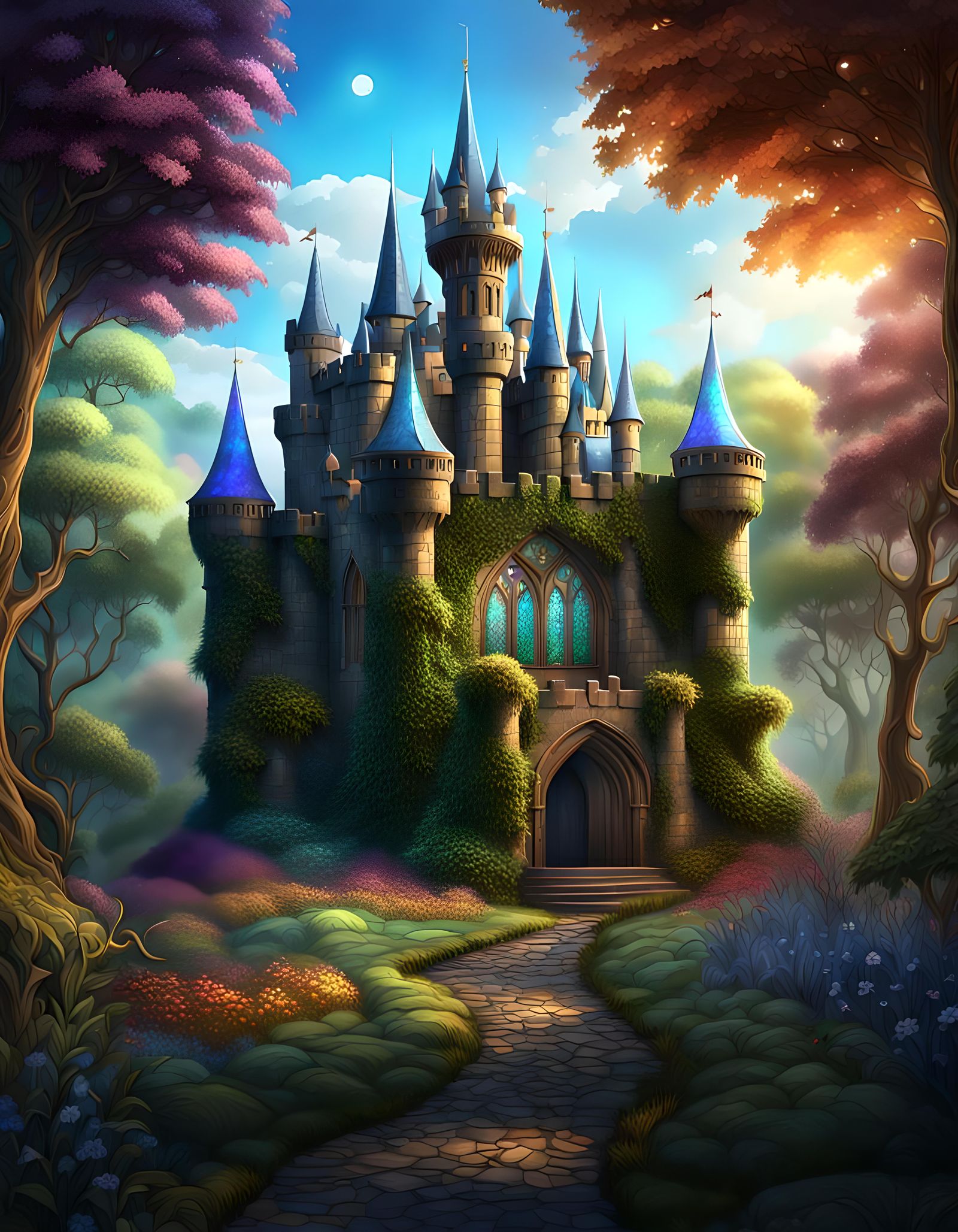 Ethereal Stained Glass Castle in Fantasy Landscape