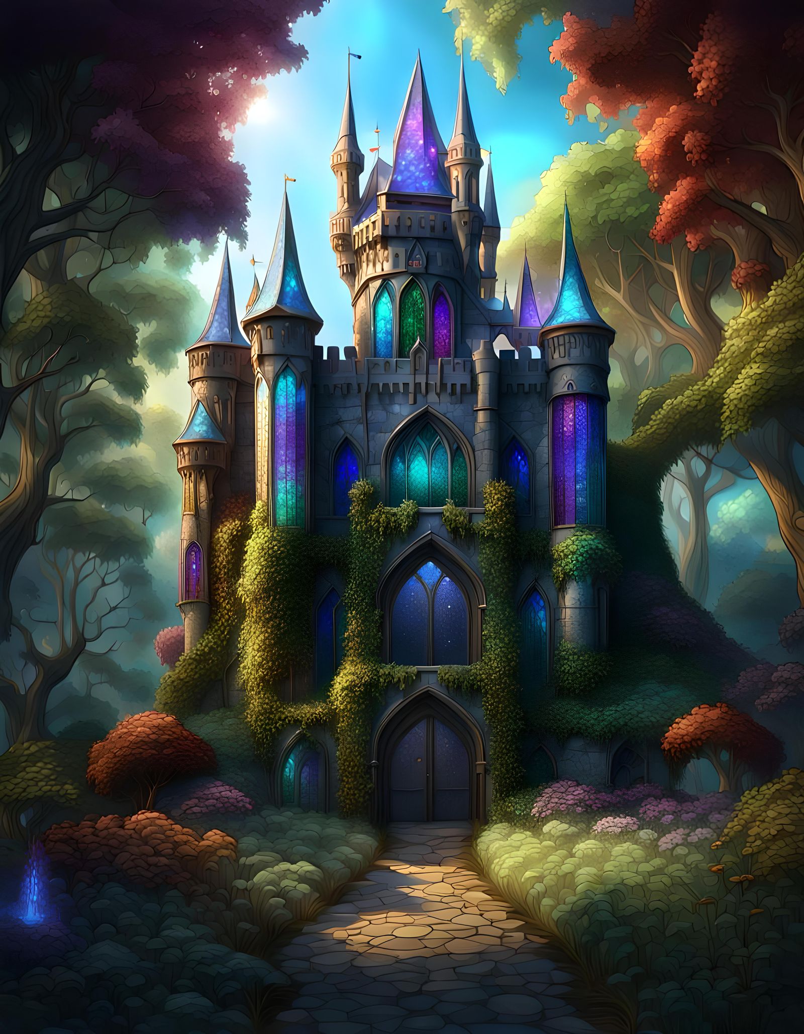Glistening Stained Glass Castle in Fantasy Landscape