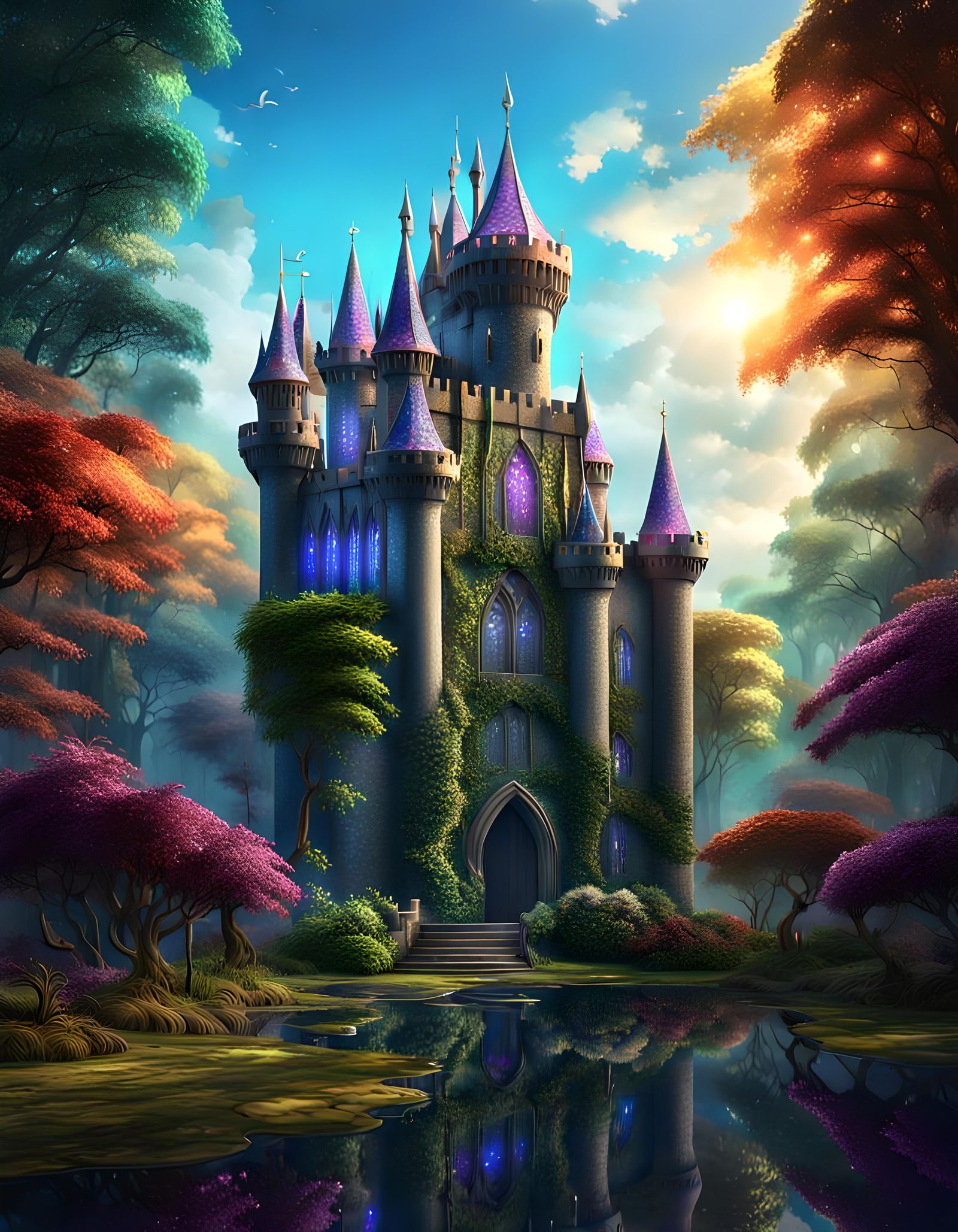 Shimmering Stained Glass Castle in Fantasy Forest