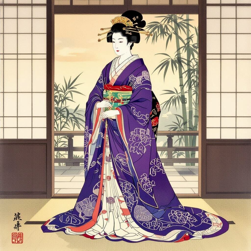 Pregnant Heian Era Japanese Queen in Silk Robes