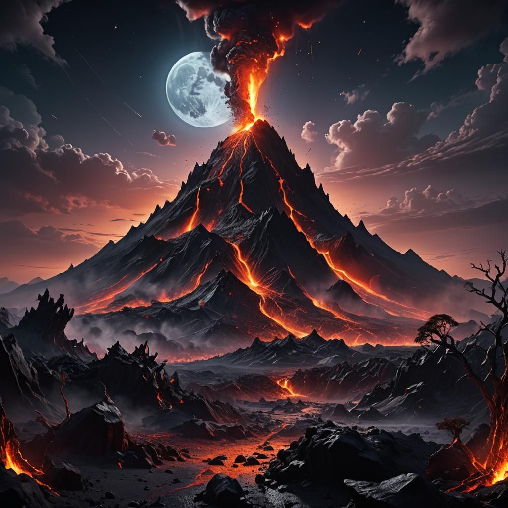 Volcano with Black Pterodactyls in Moonlight