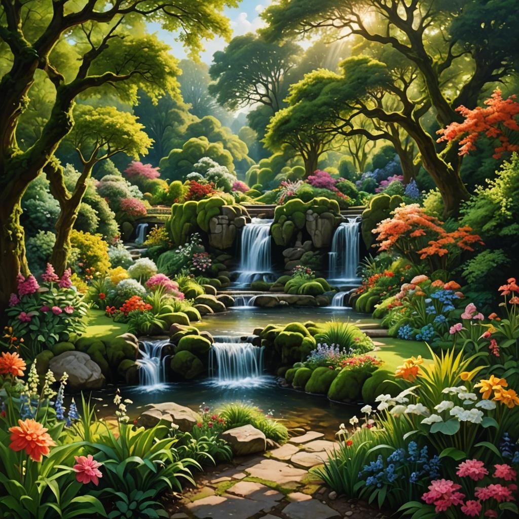 Enchanted River Garden with Waterfalls in Digital Art