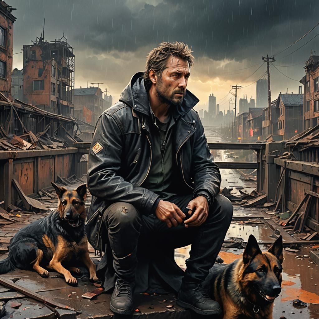 Post-Apocalyptic Man and Dog in Ruined City