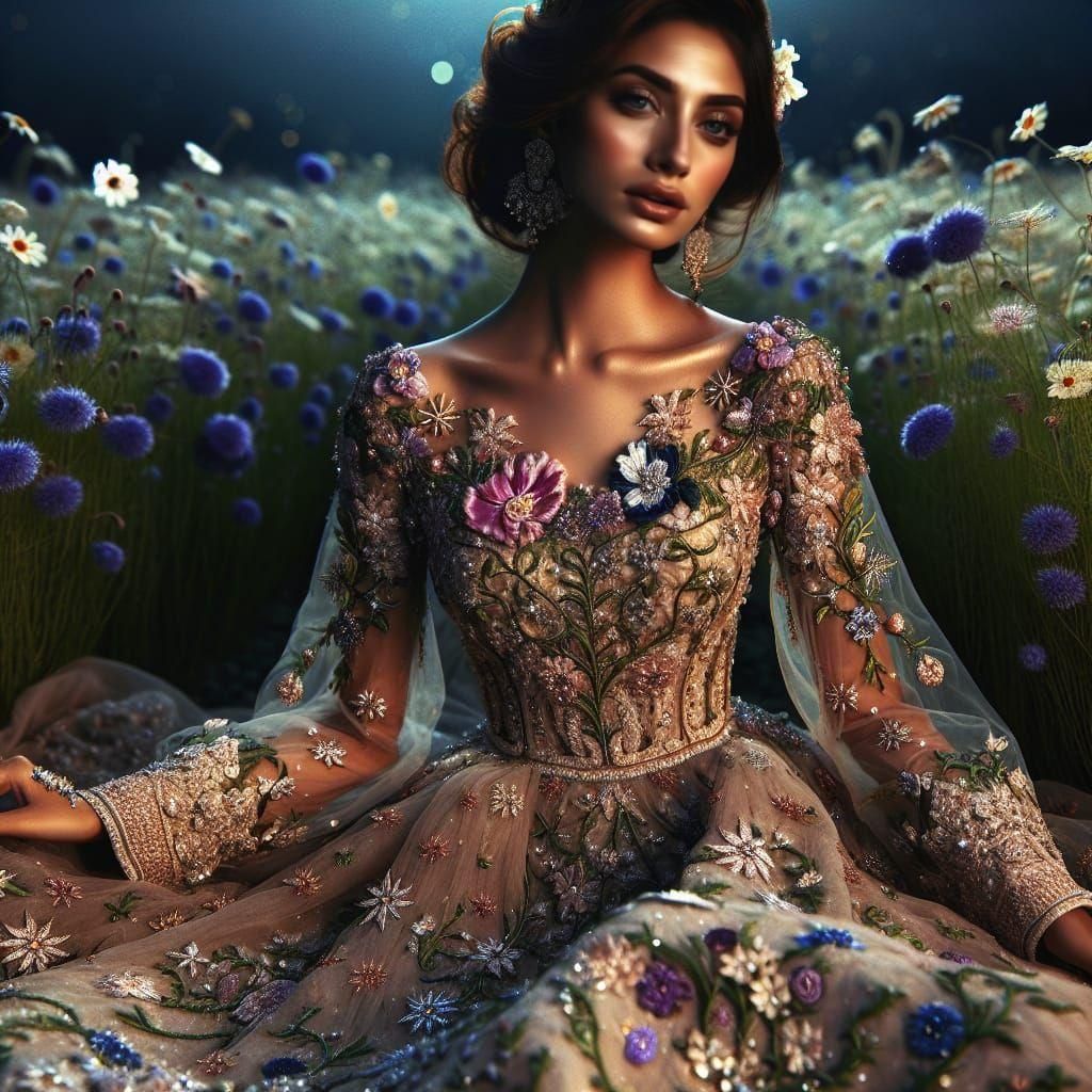 South Asian Woman in Embroidered Wildflower Gown
