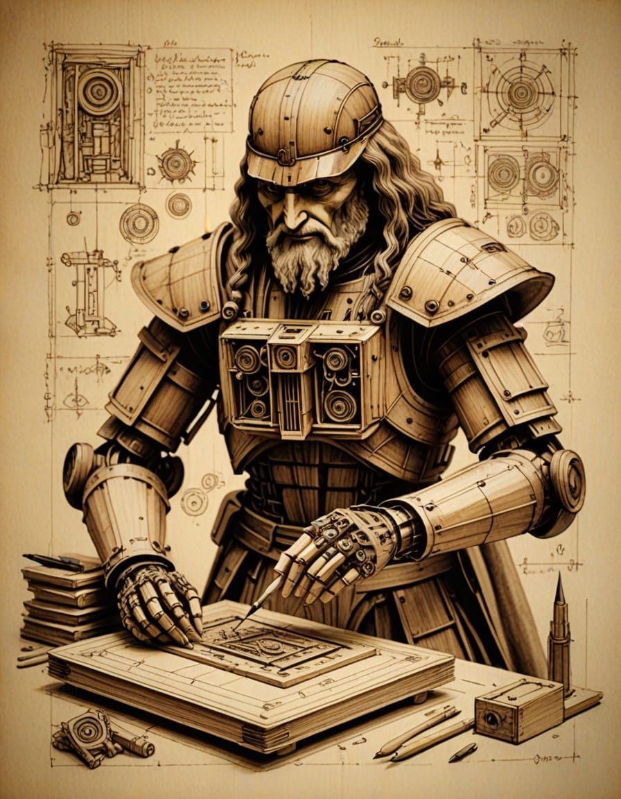 Renaissance-Inspired Robot Assembled in Vintage Notebook Sty...