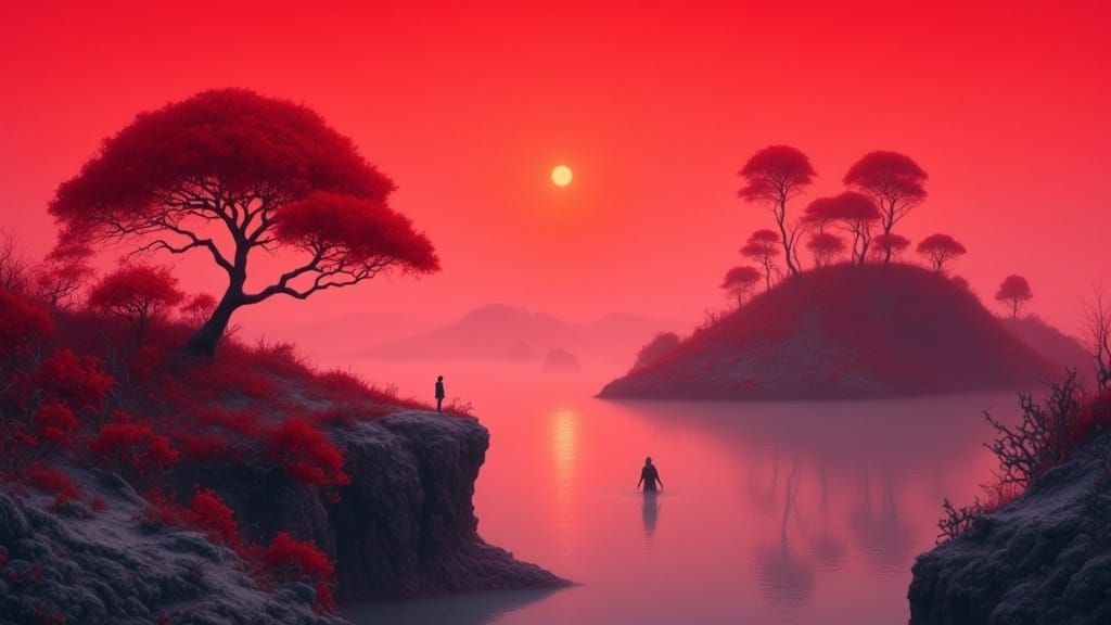 Lonely Figure Drifts Through Red Islands Into Ocean