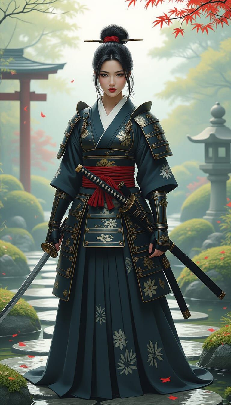 Samurai Woman in Japanese Garden: Realistic Style