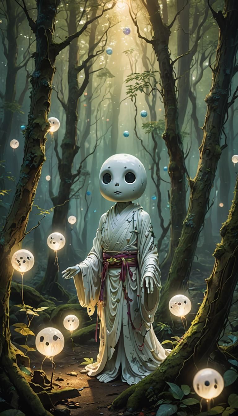 Kodama Spirit in Mystical Woodland Oil Painting