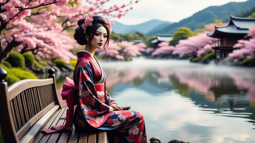 Geisha on Lake Shore with Pagoda