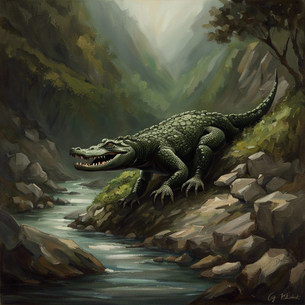 Crocodile Hiking in Mountains, Fantasy Art Style