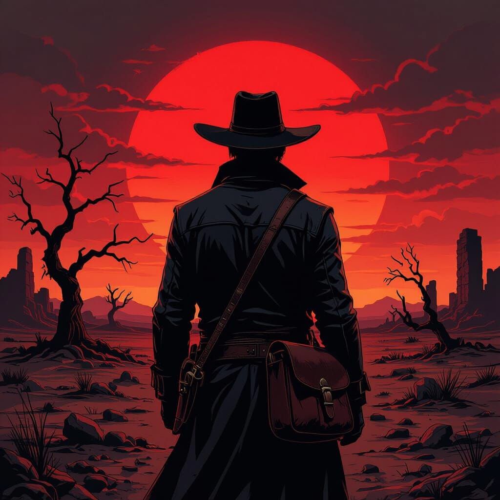 Lone Wanderer Silhouetted Against Crimson Sunset in Noir Sty...
