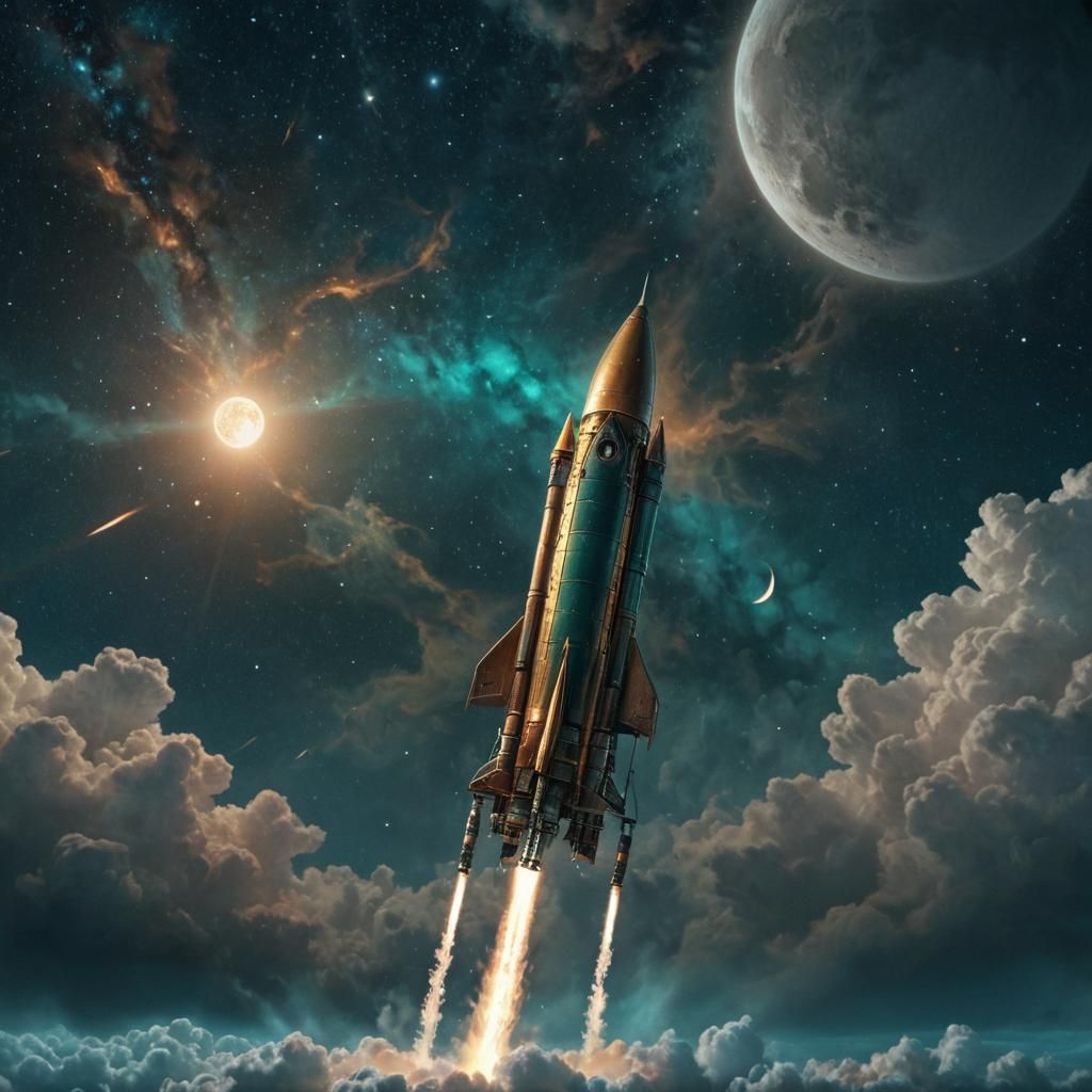 Gold Rocket Soars to Moon in Fantasy Art