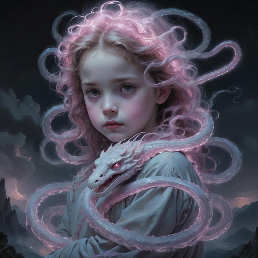 Child with Ghost Serpents on Mountain Top