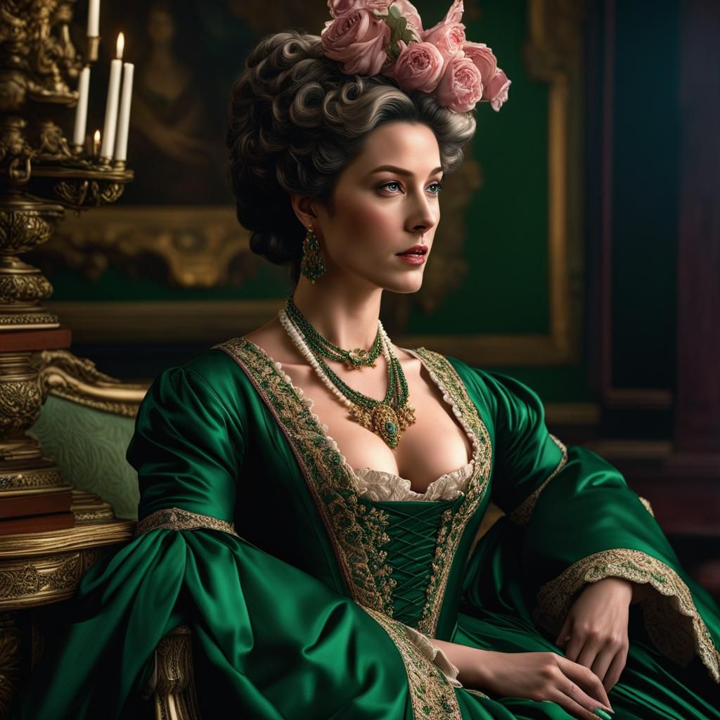 Elegant 1780s Woman in Court Dress, Hyperrealistic