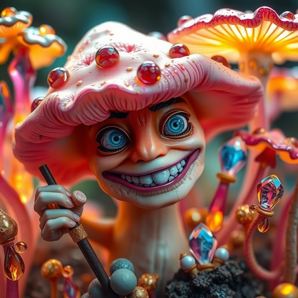 Anime crazed mushroom monster with blue aqua eyes wide open ...