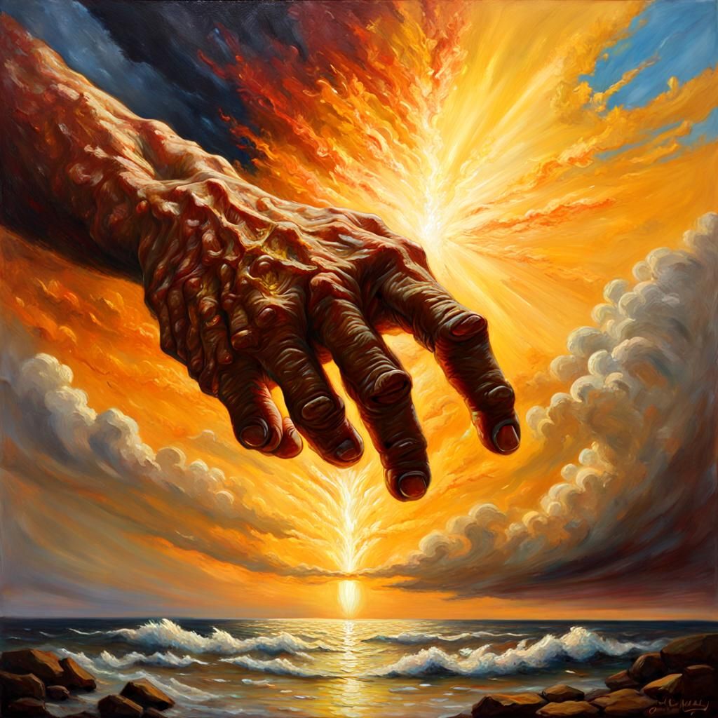 Omnipotent Hand Radiating Light in Epic Oil Painting