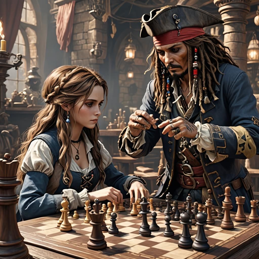 Alice and Captain Jack Sparrow Play Chess in Anime Art