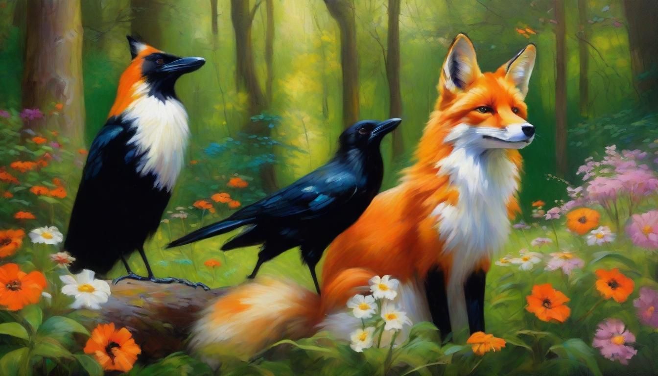 Fox and Crow in Forest, Oil Painting