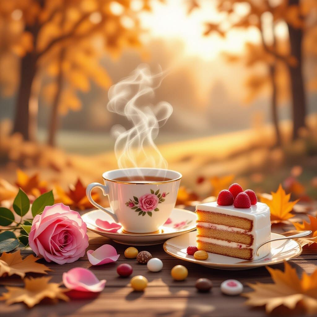 Warm Autumn Landscape with Cake and Tea