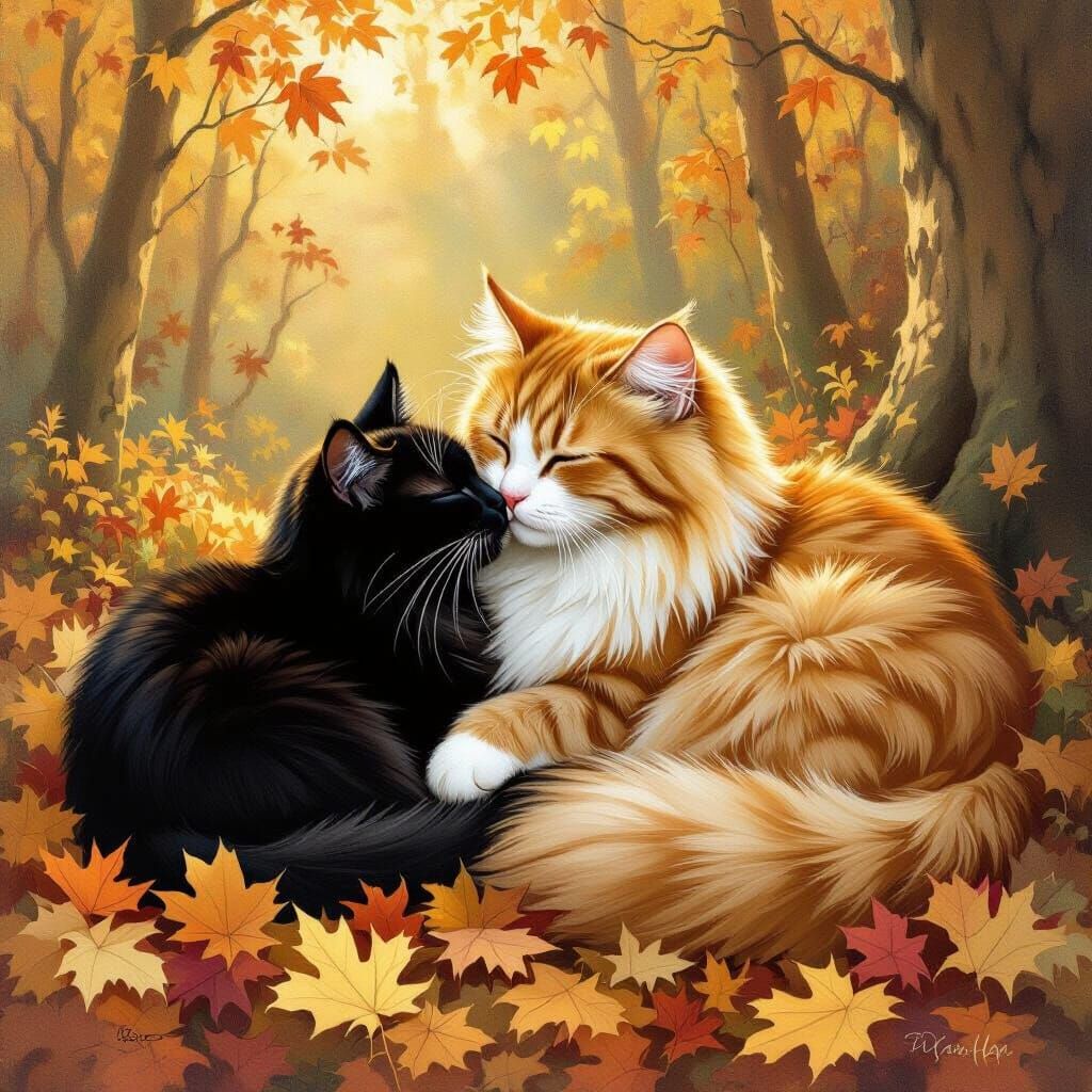 Cats Cuddle in Autumn Forest, Inspired by Beatrix Potter