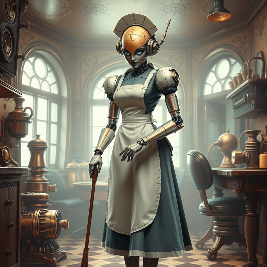 Retro-Futuristic Robot Maid Cleans Vintage House
