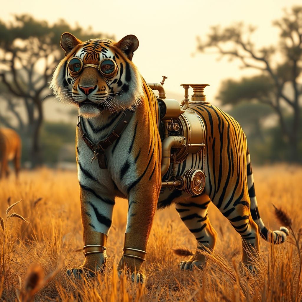 Retrofuturistic Tiger in the Golden Savannah