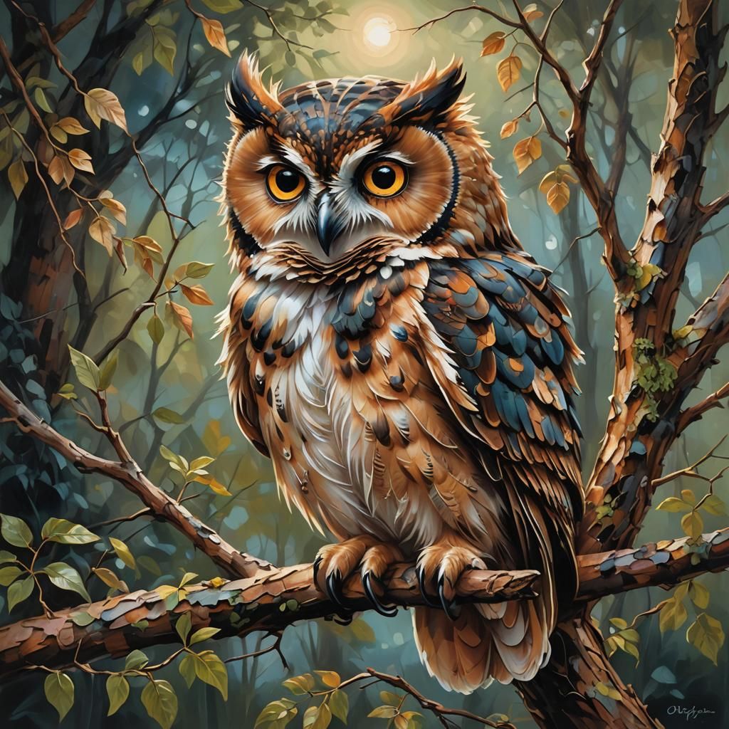 Baby Owl on Branch in Whimsical Woodland Painting