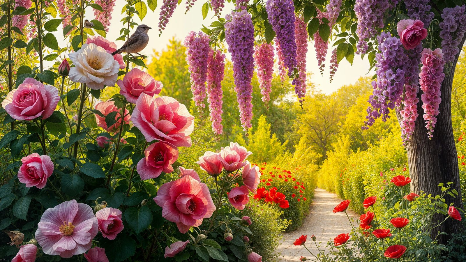 Romantic Old Masters Garden Scene with Vibrant Flowers