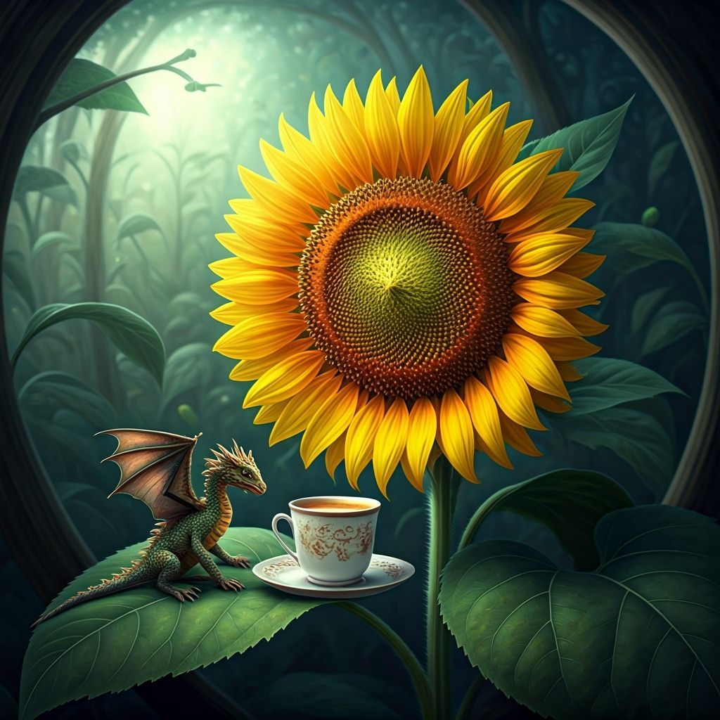 Sunflower Offers Tea to Dragon in Surreal Style