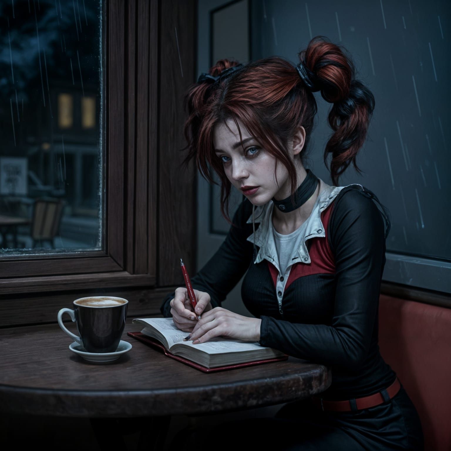 Harley Quinn Reflects in a Moody Cafe Scene