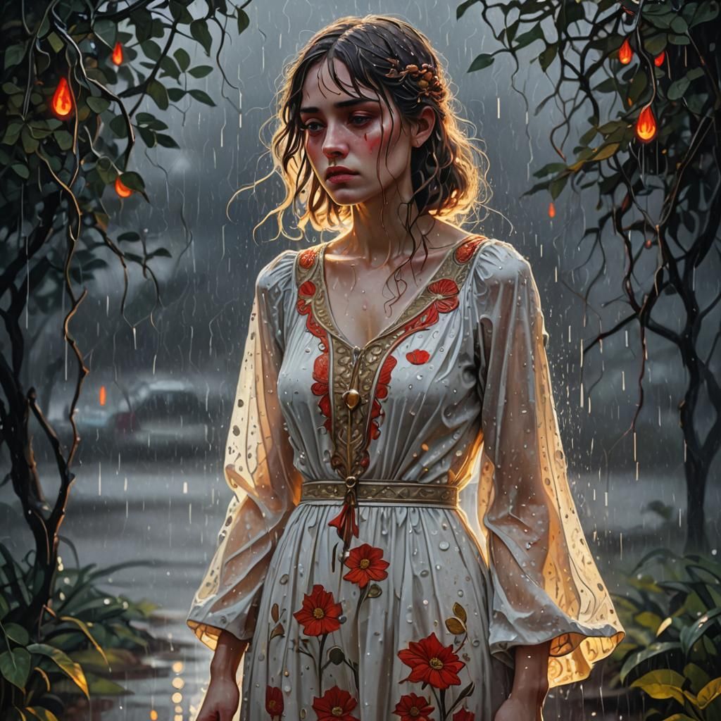 Art Nouveau Girl in Rainy Psychedelic Scene