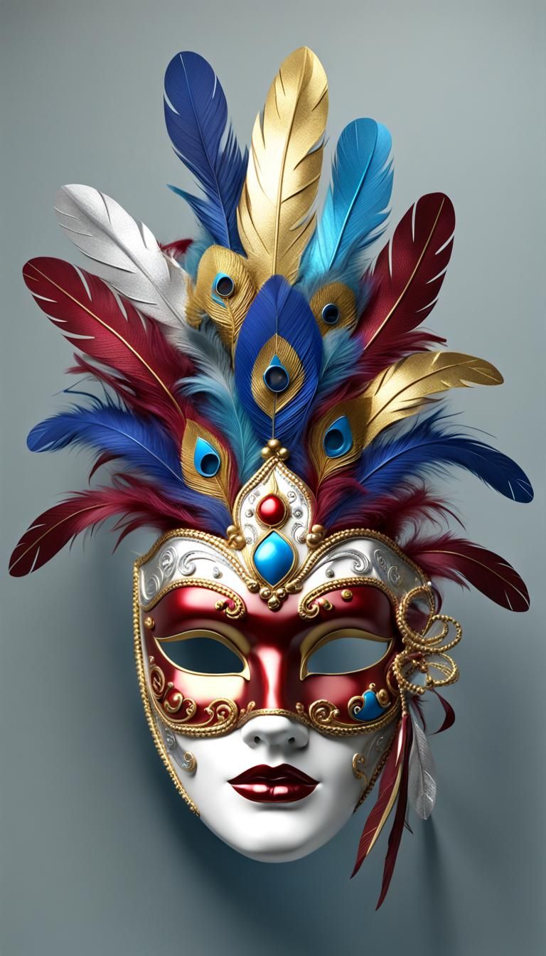 Surreal 3D Venetian Mask with Feathers