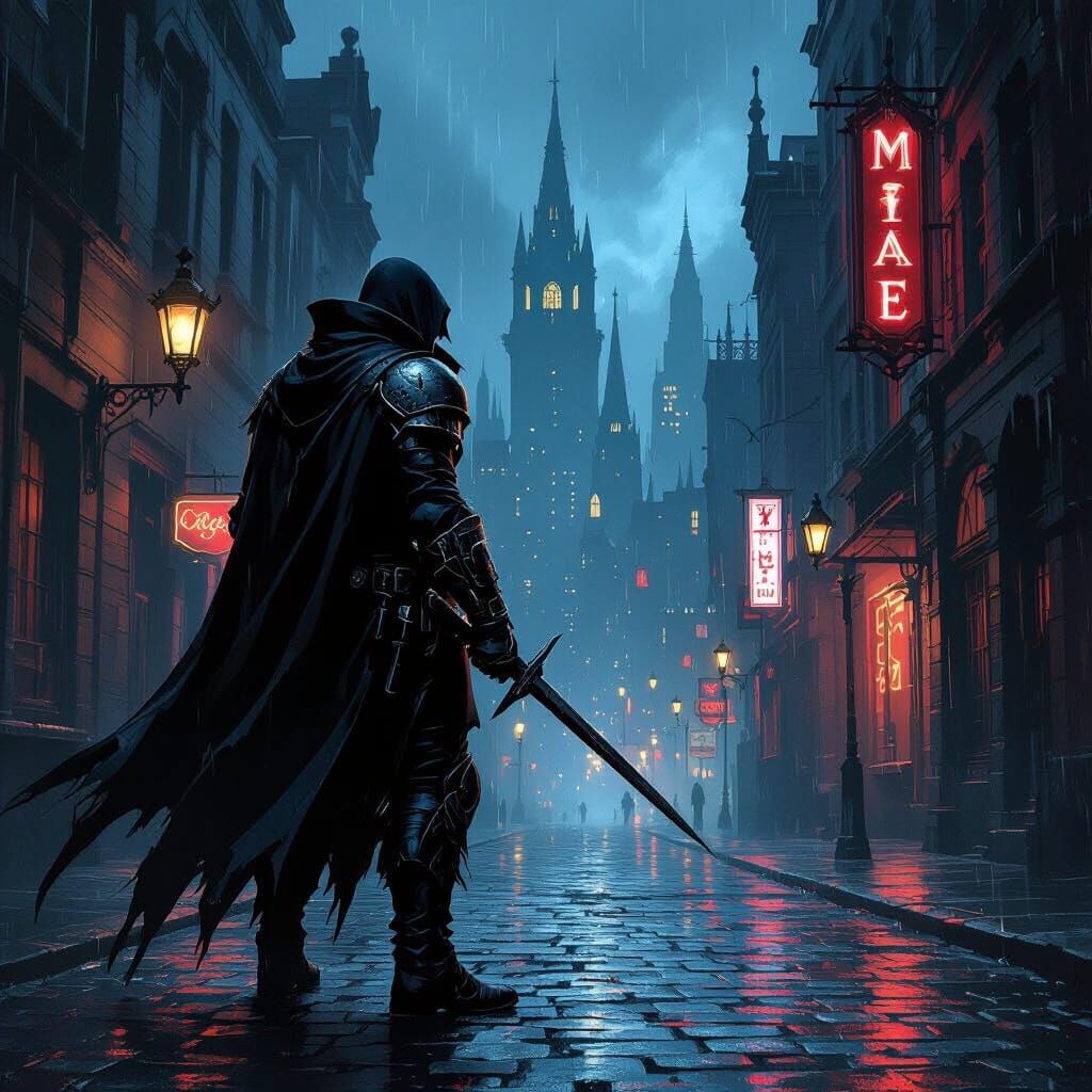Vampire Hunter in Gothic City: Noir Illustration