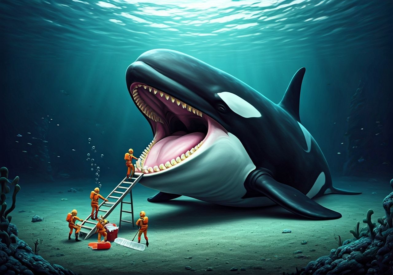 Miniature Divers Clean a Giant Killer Whale's Teeth