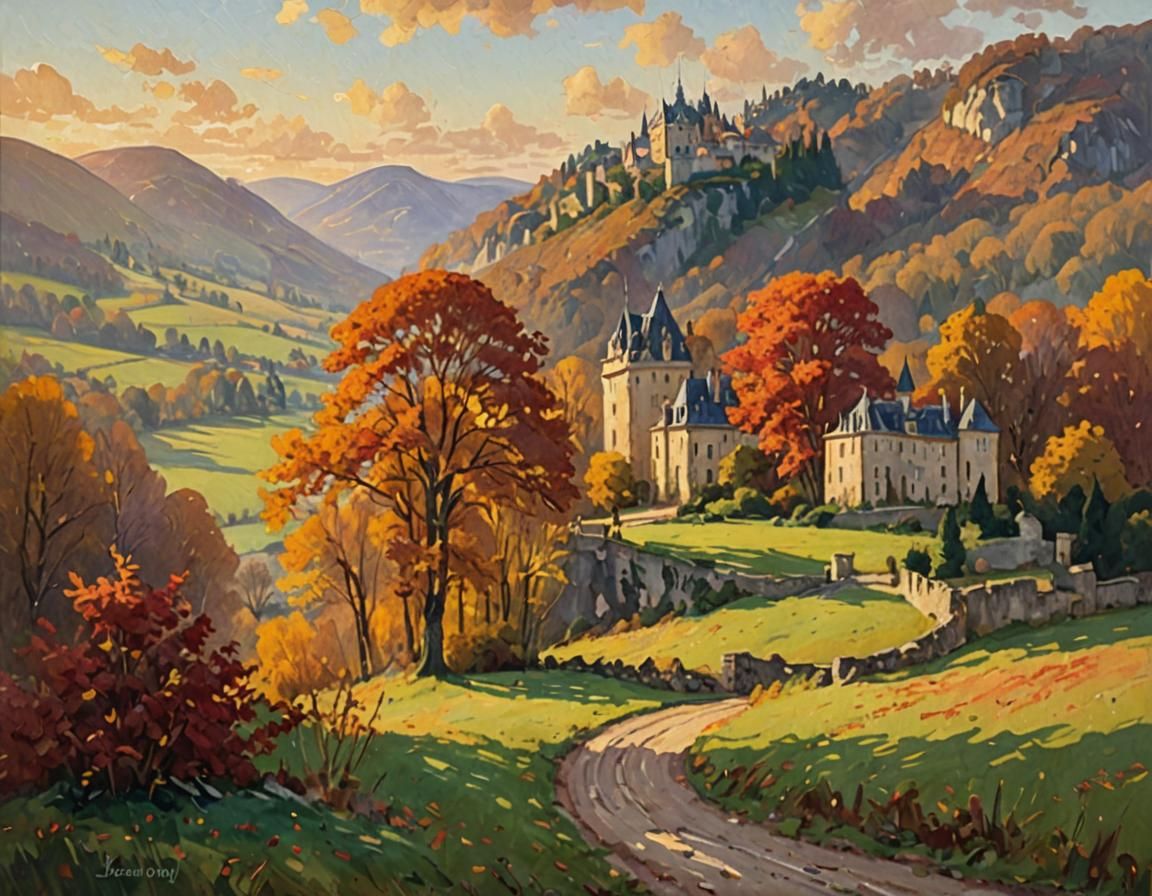 Chateau in Autumn Countryside as Impressionist Painting