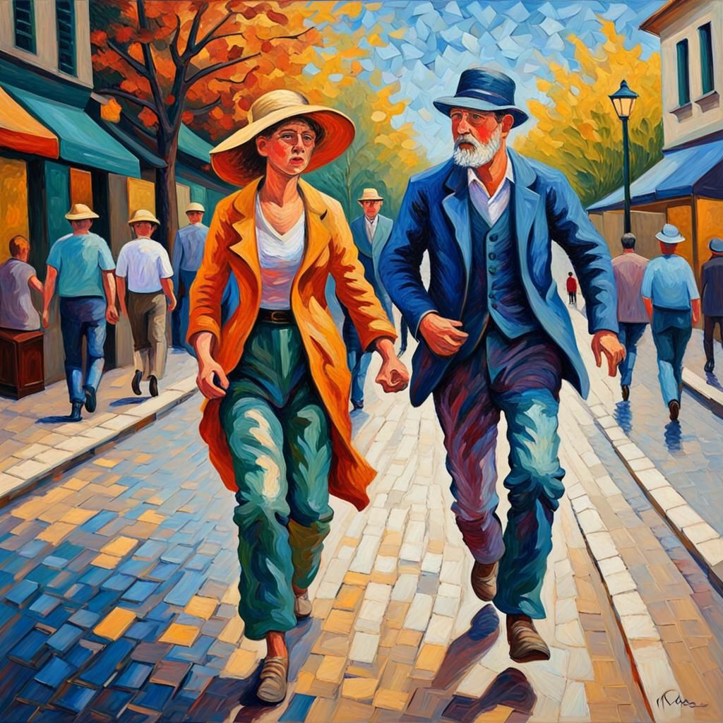 Neo-Impressionist Painting of People Chasing Fleeting Pleasu...