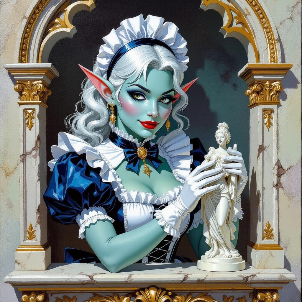 Smug Elf Maid in Elaborate Oil Painting