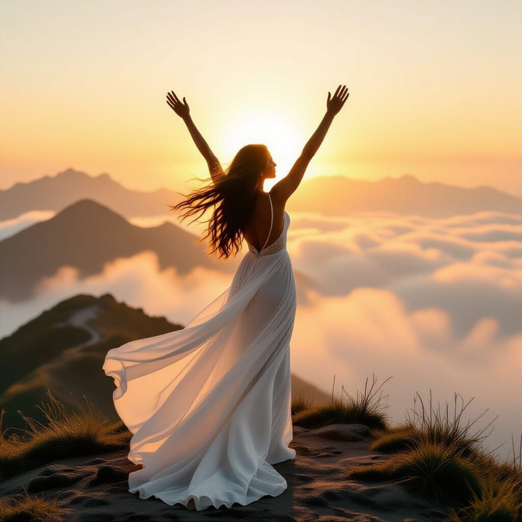 Woman on Misty Mountaintop in da Vinci Style