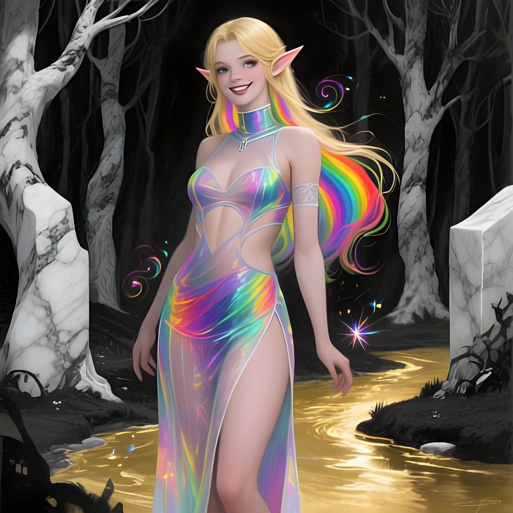 Elf Lady in Multicolored Couture in Marble Forest