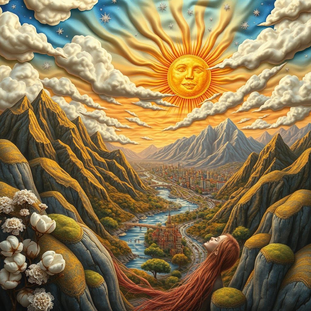 Surreal Fabric World with Radiant Sun and Majestic Mountains