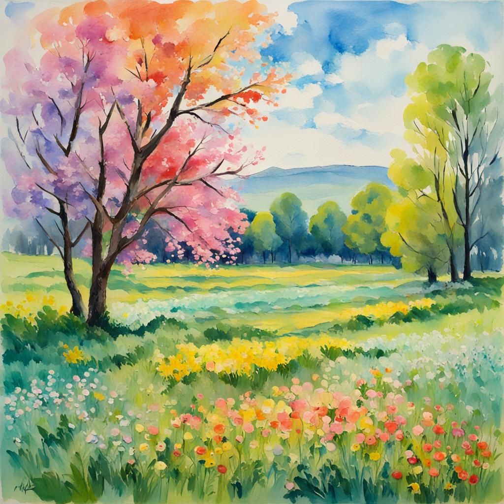 Impressionist Spring Landscape in Gouache Style