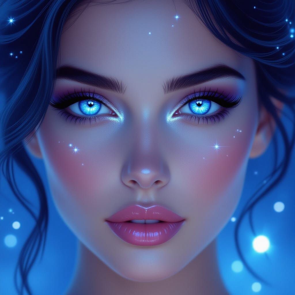 Woman with Diamond Eyes in Sapphire Moonlight