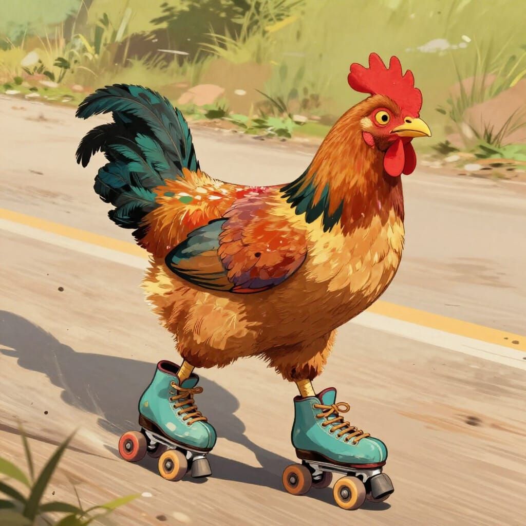 Chicken on Roller Skates Crosses Rural Road in Sunlight