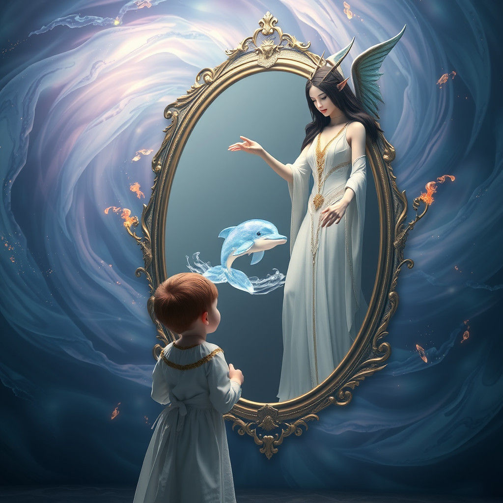 Child and Elf Queen with Water Dolphin in Mirror