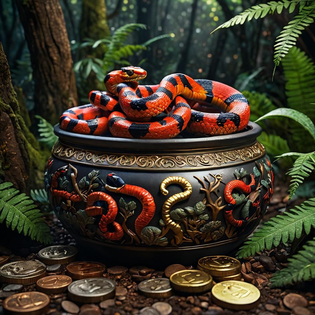 Coral Snake Guarding Gold Coins in Fantasy Forest