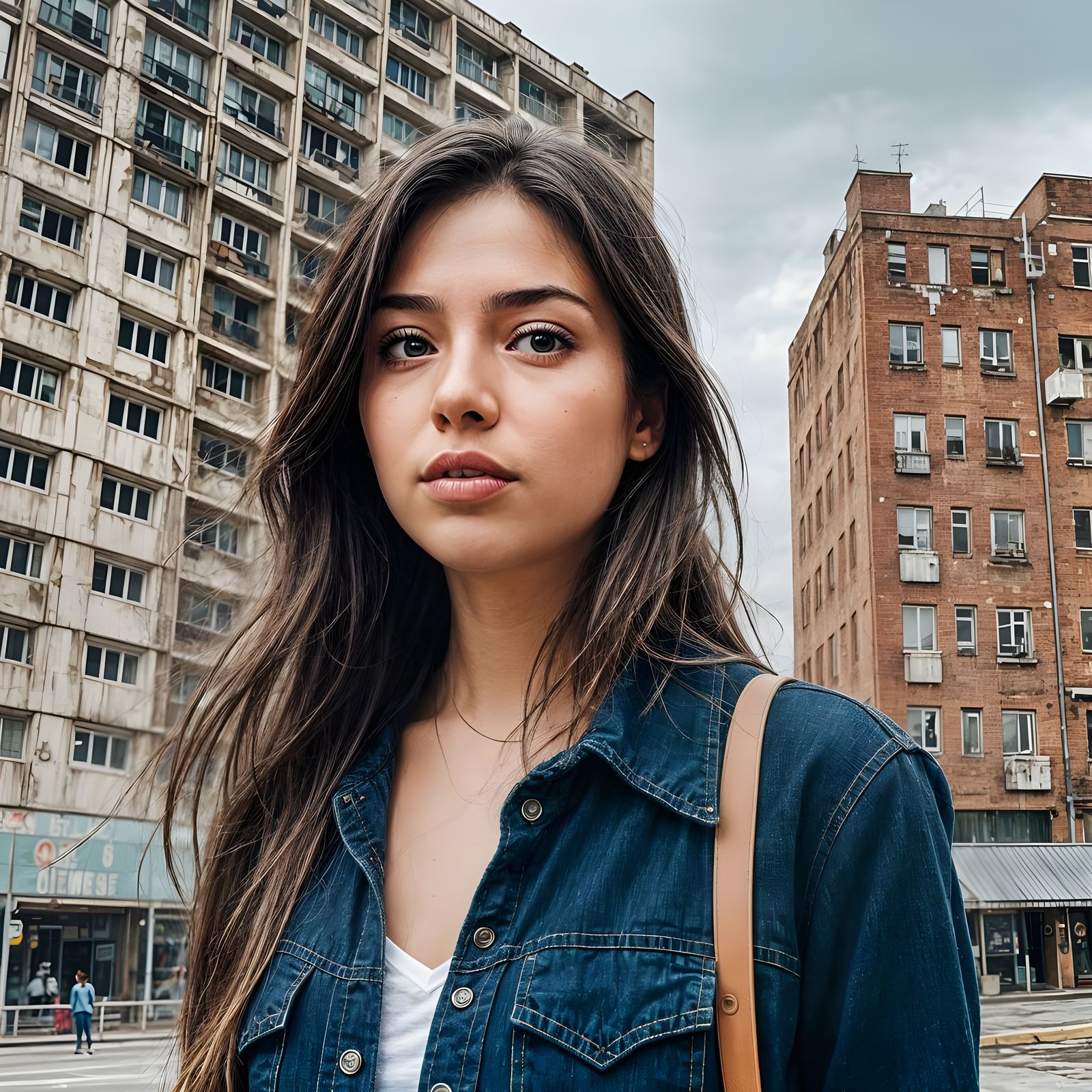 Girl Standing Before a Futuristic Cityscape in Expressionist...