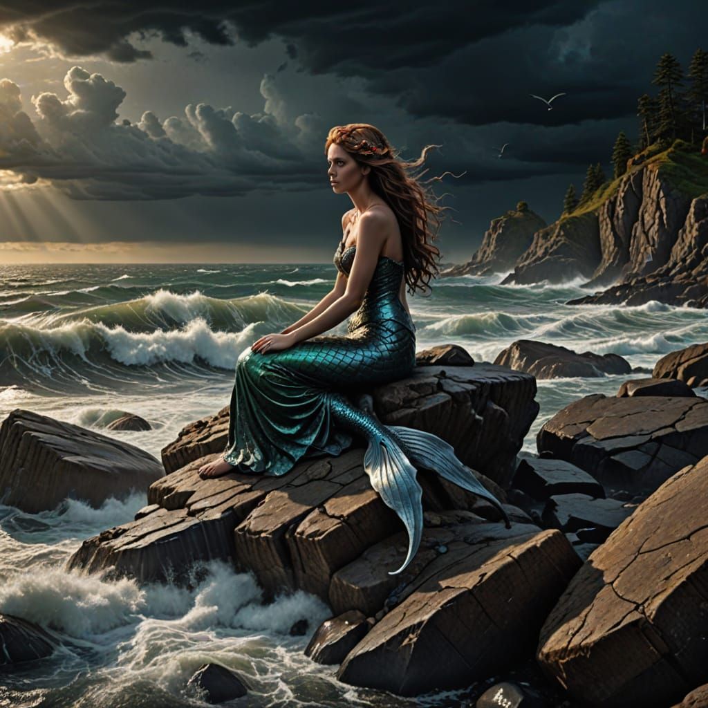 Grumpy Mermaid Teenager in Stormy Sea