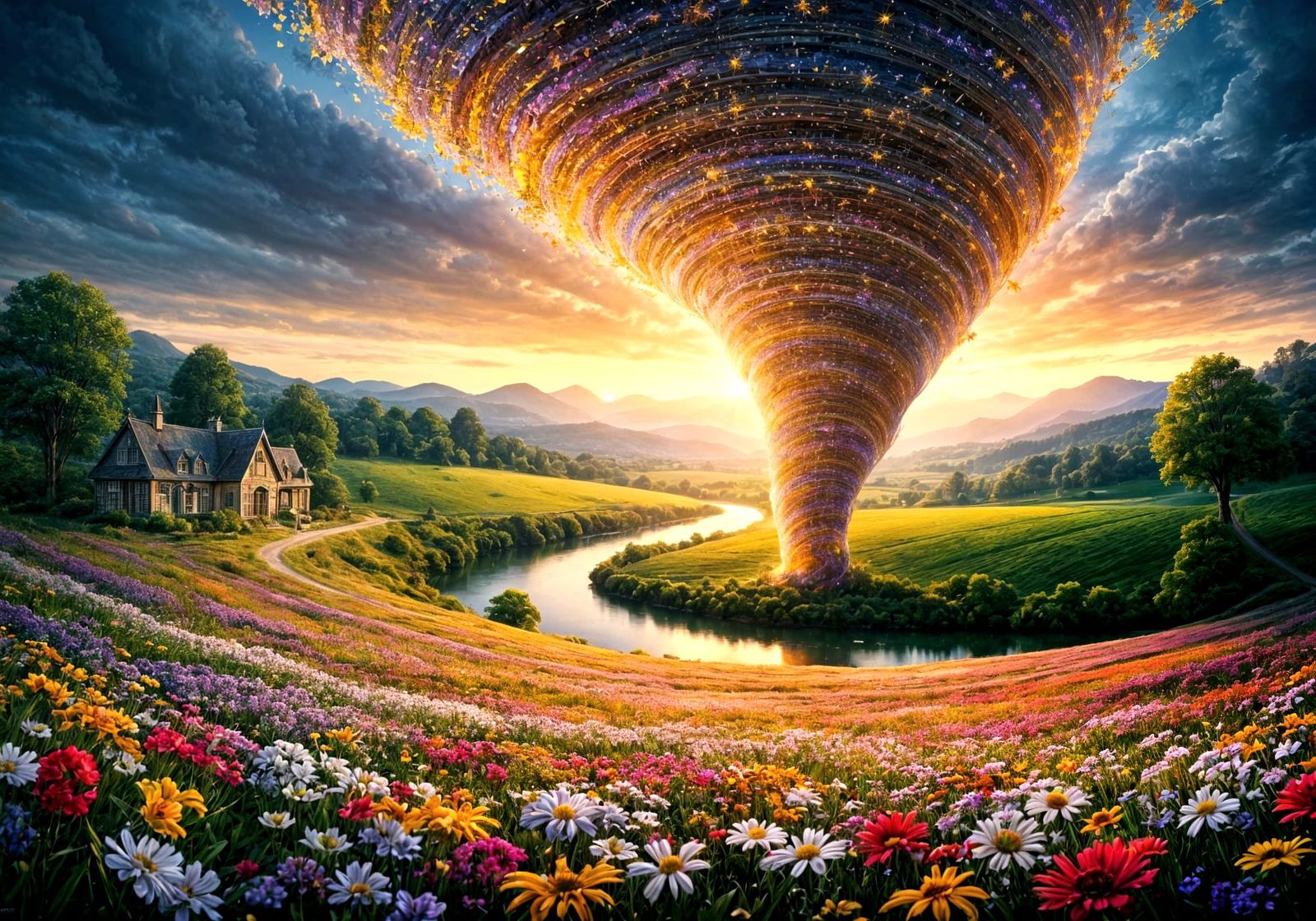 Vibrant Floral Tornado Sweeps Over Serene Landscape