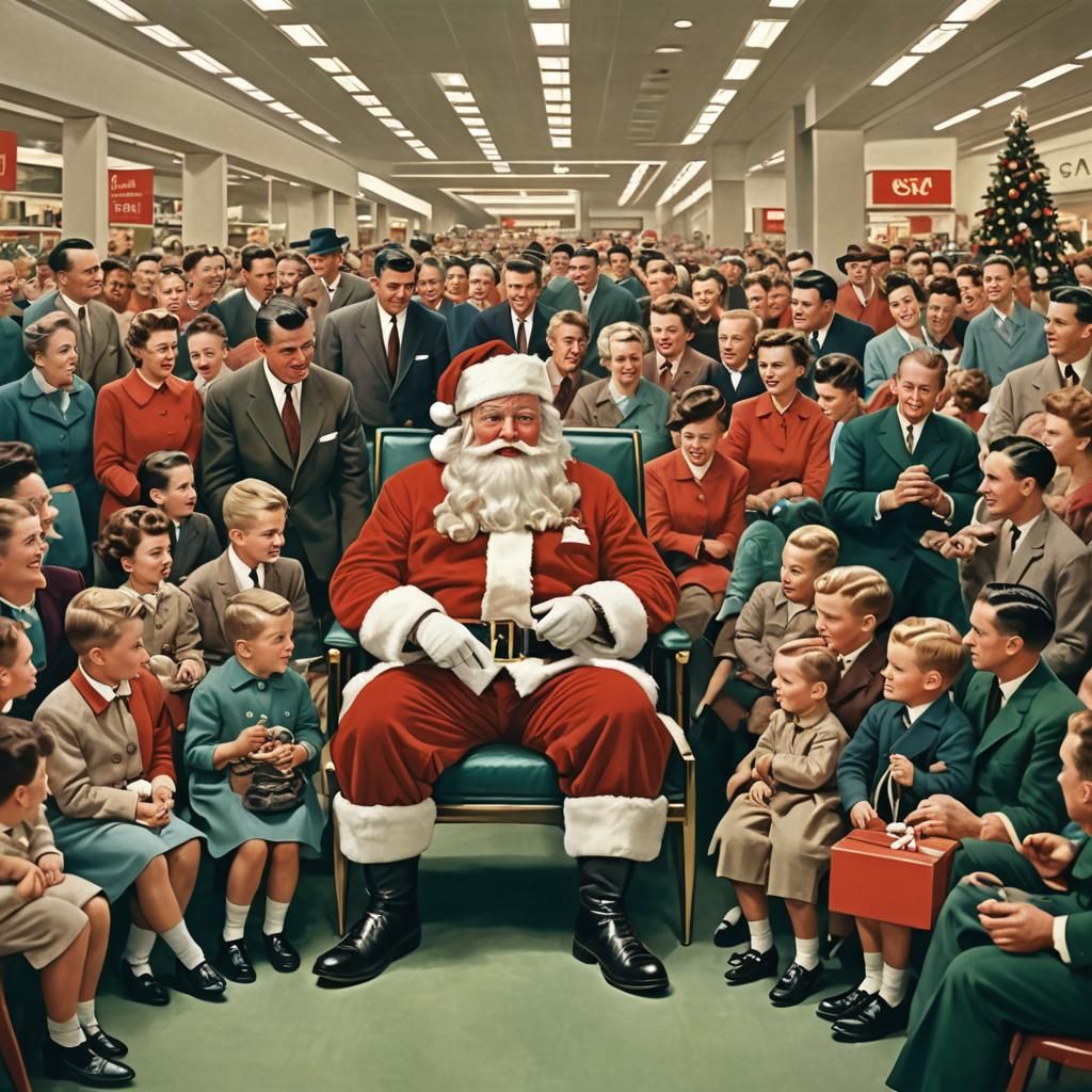 Boy Meets Santa in 1950s Department Store, Abstract Art