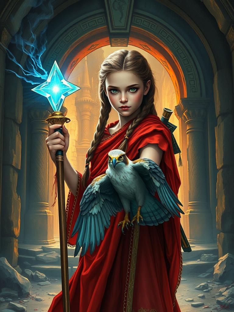 Fantasy Wizard Girl with Falcon in Ruined Temple